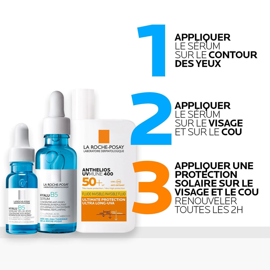 ROUTINE ANTI-ÂGE GLOBALE : SÉRUM HYALU B5 ET ANTHELIOS UVMUNE 400 FLUIDE INVISIBLE SPF50+